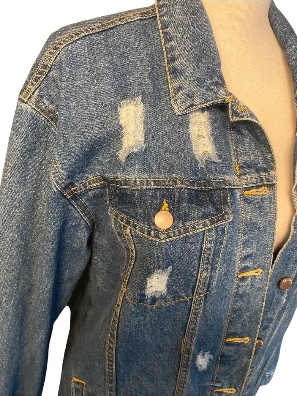 Women’s Long Denim Jacket Distressed Blue size large - Picture 12 of 13